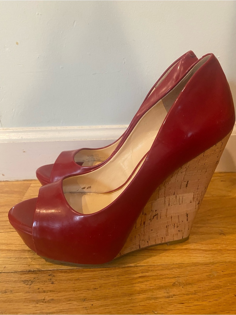 Jessica Simpson Red Patent Peep-Toe Cork Wedges - Picture 4 of 10